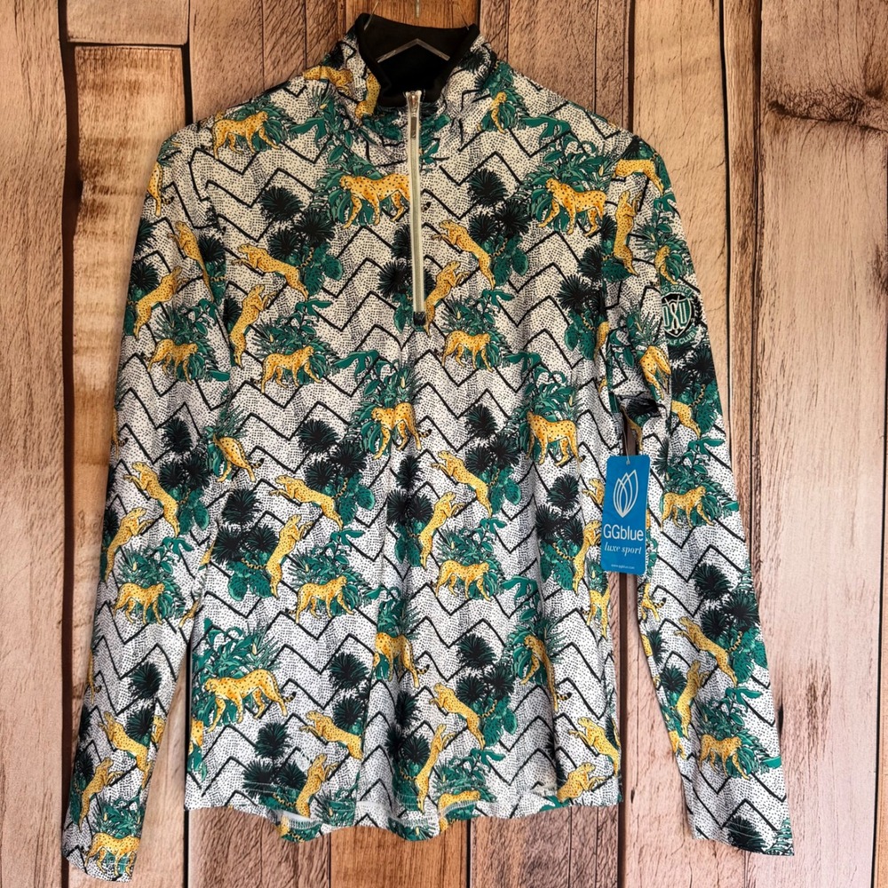 GG Blue Pullover Ivan Feline Quarter Zip Jungle Print Top OSU Golf Medium NWT